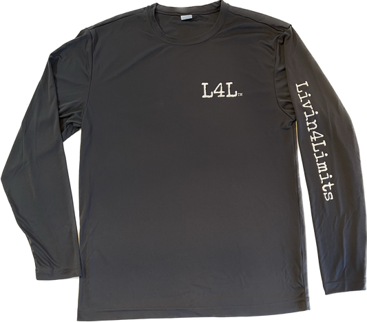 Livin4Limits Soft Style Grey long sleeved moisture wicking shirt with the L4L logo on the front and full logo on the back