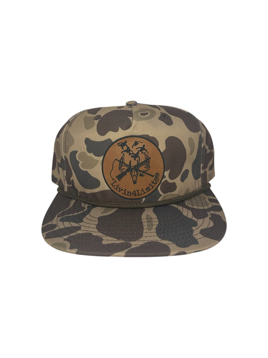 5 panel flat bill camo rope hat
